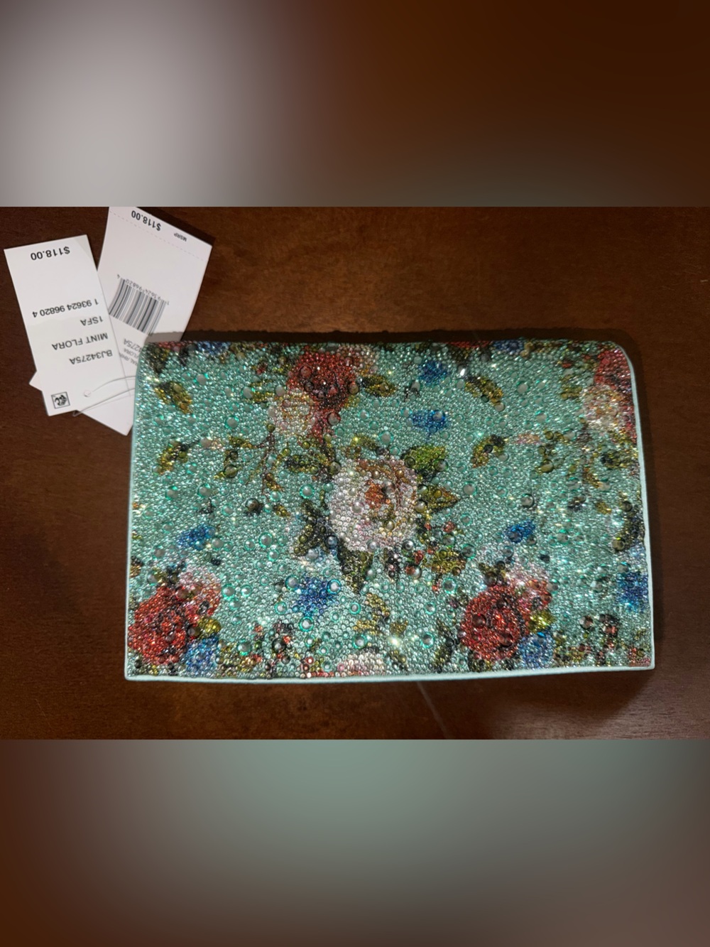 Betsey Johnson Green Floral Rhinestone Clutch NWT